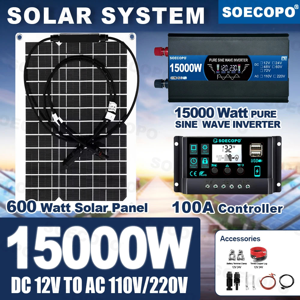All-in-One Pure Sine Wave Complete Solar Kit 15000W Inverter(1200W Rate) Flexible Solar |100A Controller for RV/Boat/Home Zpaxo