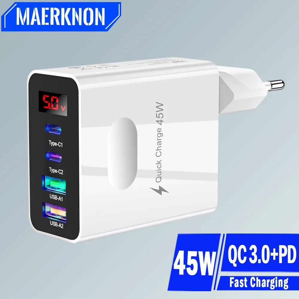 45W 4-Port USB-C Fast Wall Charger | QC 3.0 & PD Display USB Wall Charger Zpaxo