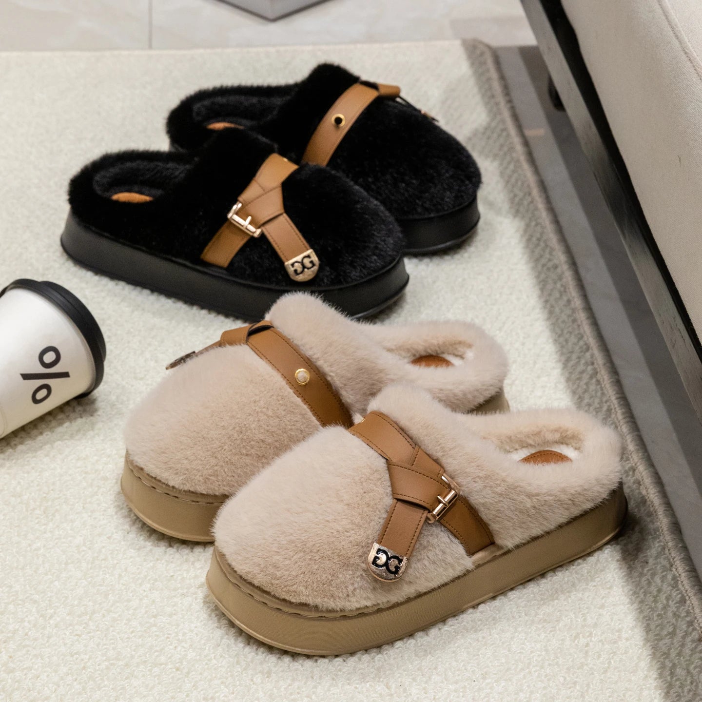 Women's Plush Slippers Winter Indoor House Shoes Non-slip Soft Sole