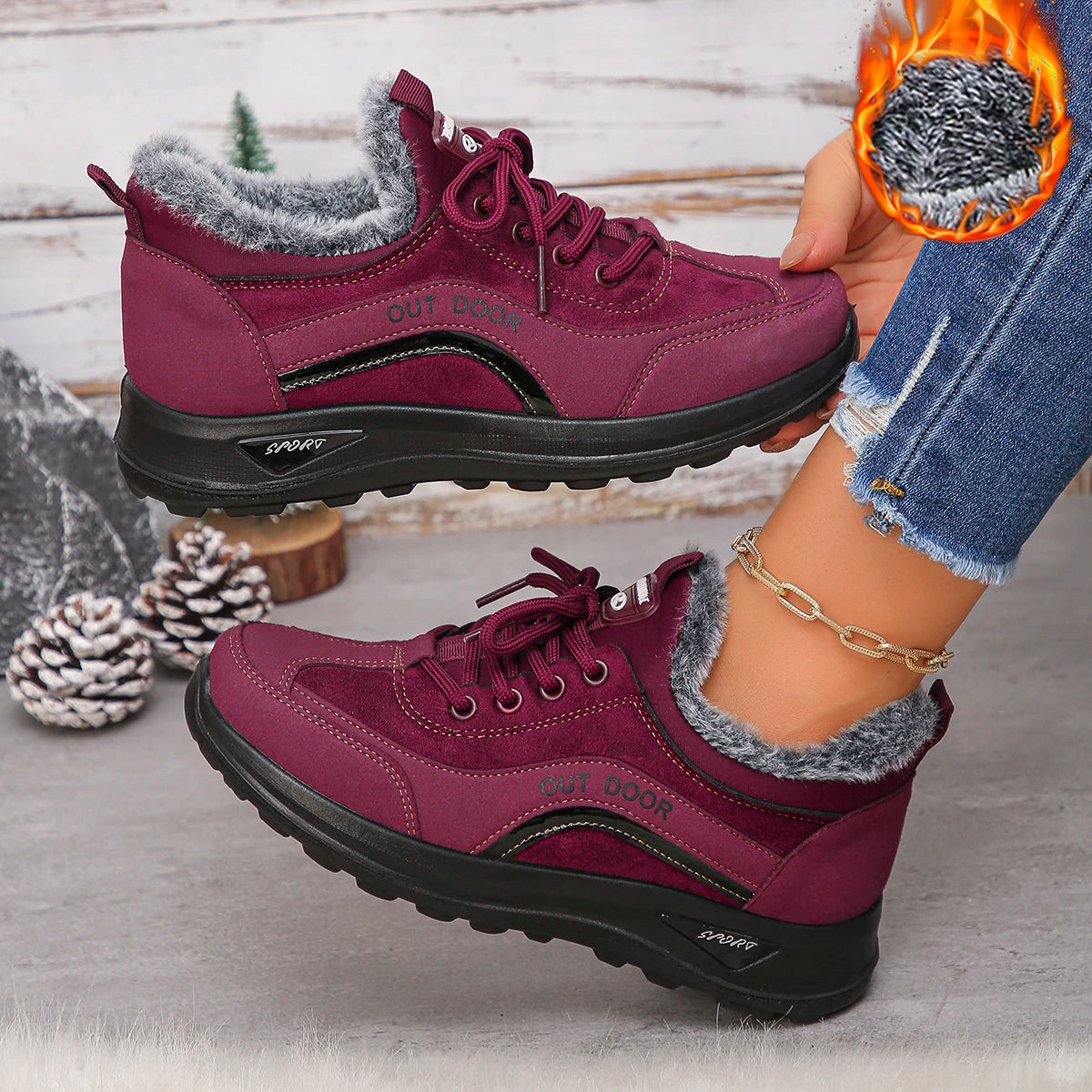 Women Cotton Boots 2025 Warm Comfortable Snow Boots Women Round Toe Flat Bottom Shoes Thickened Fluff Lined Casual Sports Shoes Zpaxo wine red 37