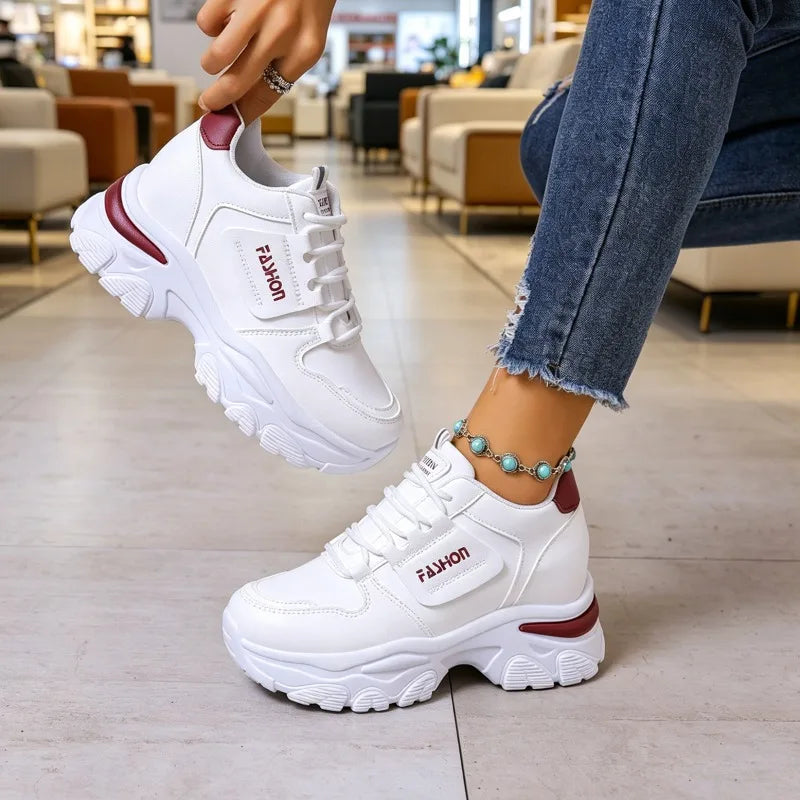 Women's Comfortable Thick Sole Heel Lace Sneakers Women Spring Autumn Zpaxo wine red 42