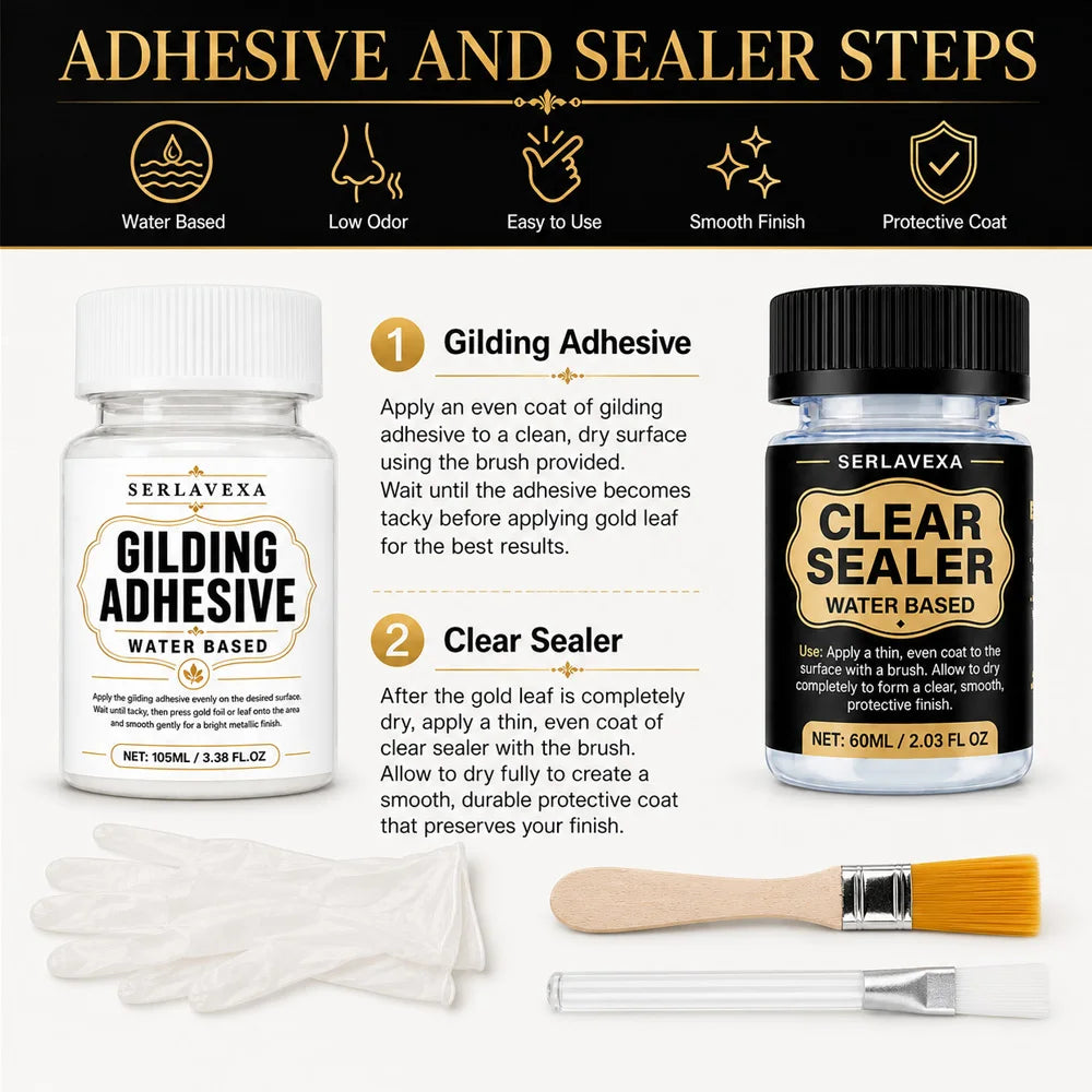 SIKEZHAN Gold Leaf Adhesive & Clear Sealer Kit, Gilding Glue for Wood & DIY Art, Crystal Finish, Brushes Gloves Kit, 105ml 60ml Zpaxo