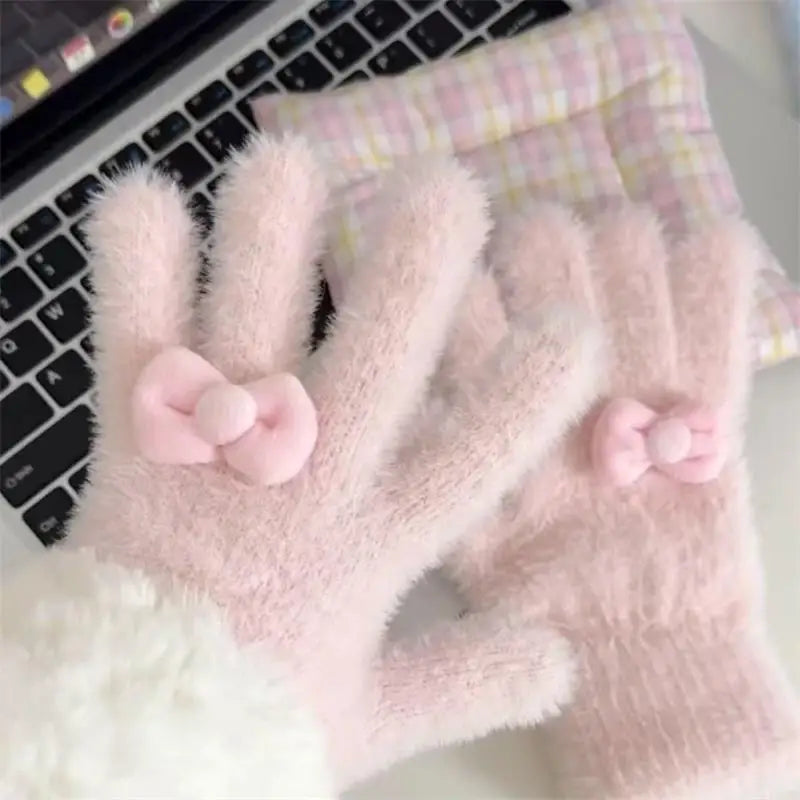 Charming Plush Gloves Bow Detailing Keep Warm Winter Stylish Women Zpaxo Pink