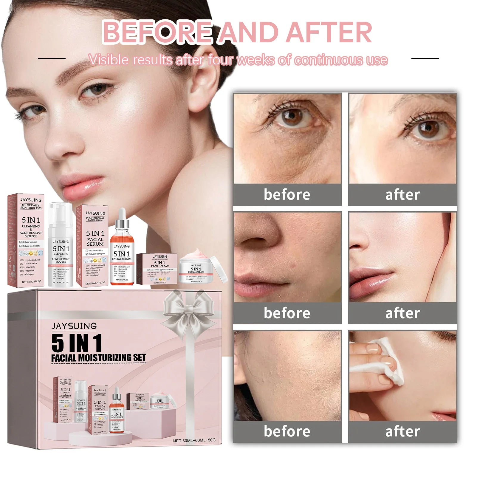 5 in 1 Skincare Set for Deep Hydration Lock with Niacinamide Serum and Vitamin C Moisturization Cleansing mousse serum cream Zpaxo