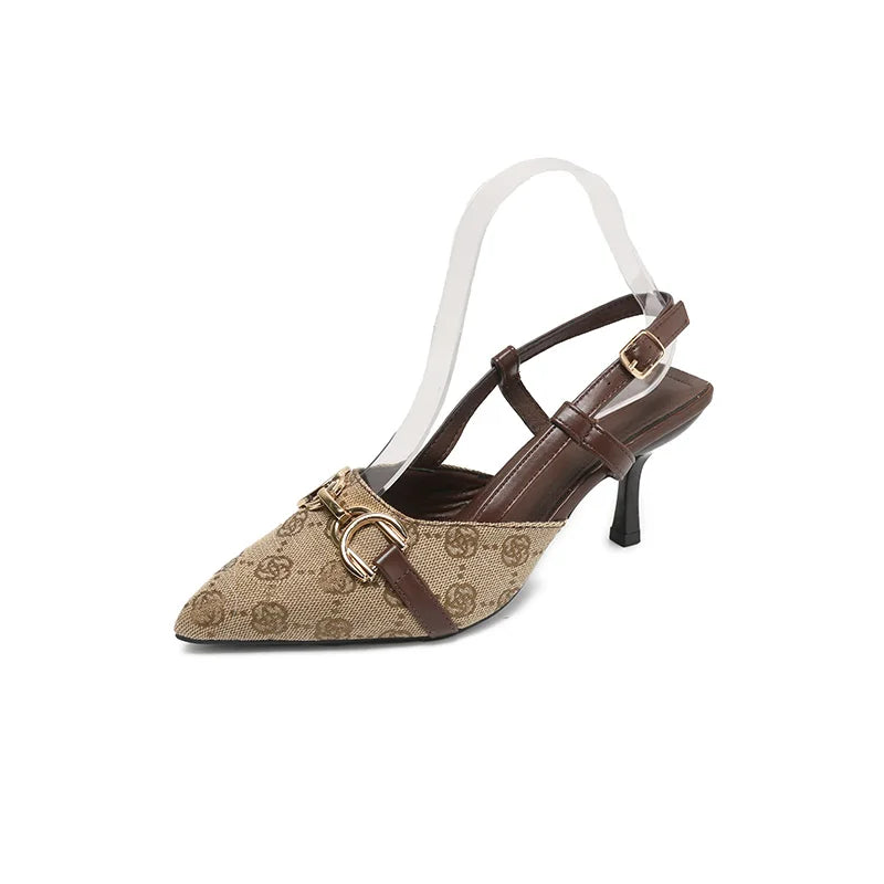 Women Sandals Metal Chain Pointed Toe Pumps Buckle Strap Heels Flower Zpaxo Khaki 38