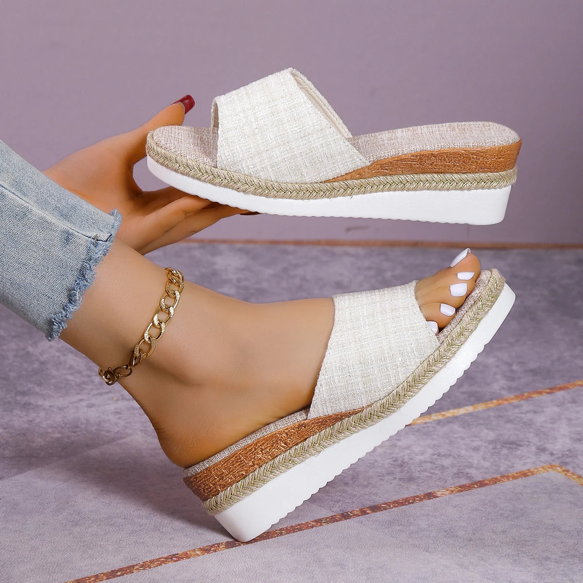 Sexy Women Sandals Large Size Wedge Sandals Summer New Wear Small Fragrance Cloth Shoes Women Platform Slippers Zapatos De Mujer Zpaxo WHITE 42