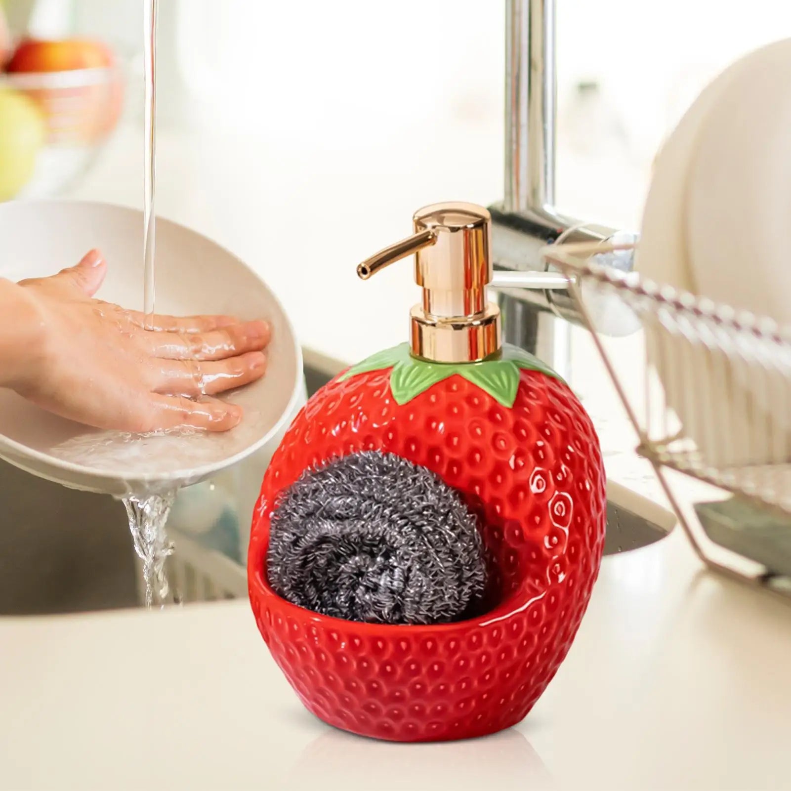 Soap Dispenser 20 Oz Strawberry Shape Ceramic Refillable Liquid Lotion Bottle Bathroom Hand Soap Dispenser with Sponge Holder Zpaxo
