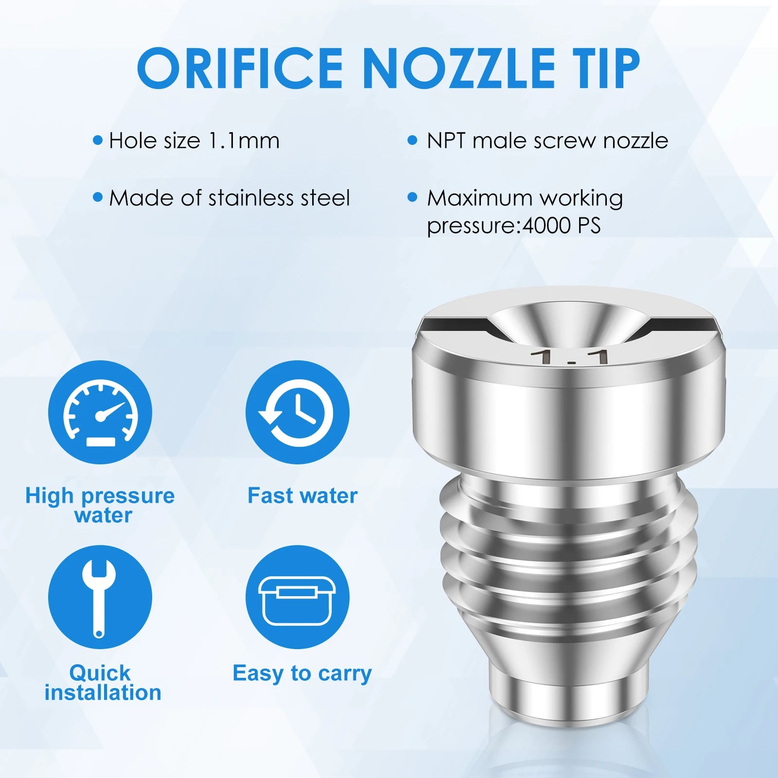 1.1 mm Stainless Steel Nozzle Rust Resistant Foam Maker Replacement Heat Resisting Orifice Nozzle Tip for Most Pressure Washer Zpaxo