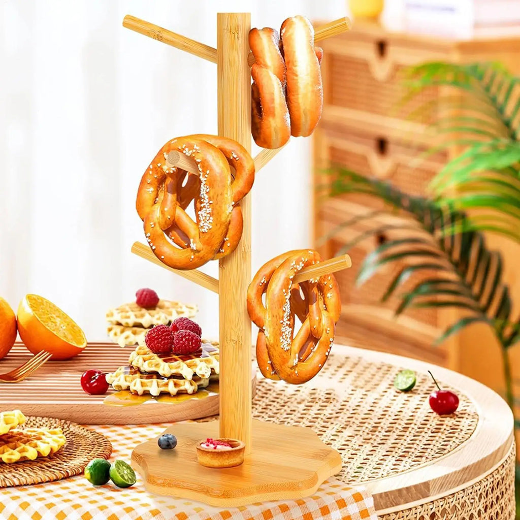 Wooden Tree Shape Pretzel Display Stand Donut Sausage Organizer Space