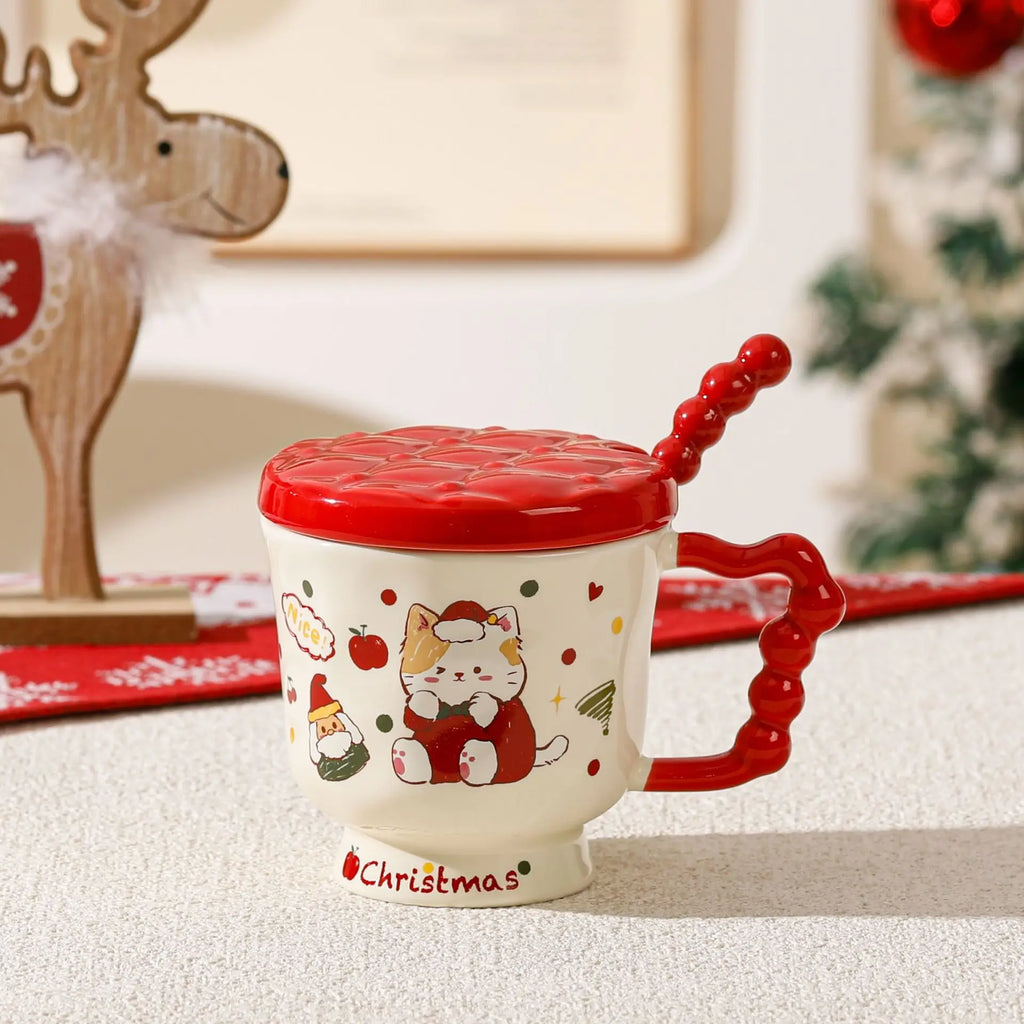 Christmas Cat Appearance Level Mark Ceramic Water Cup Lid Spoon Cute