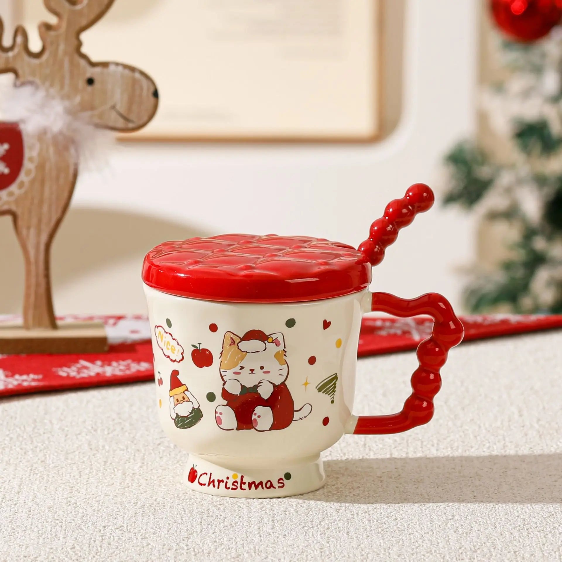 Christmas Cat Appearance Level Mark Ceramic Water Cup Lid Spoon Cute