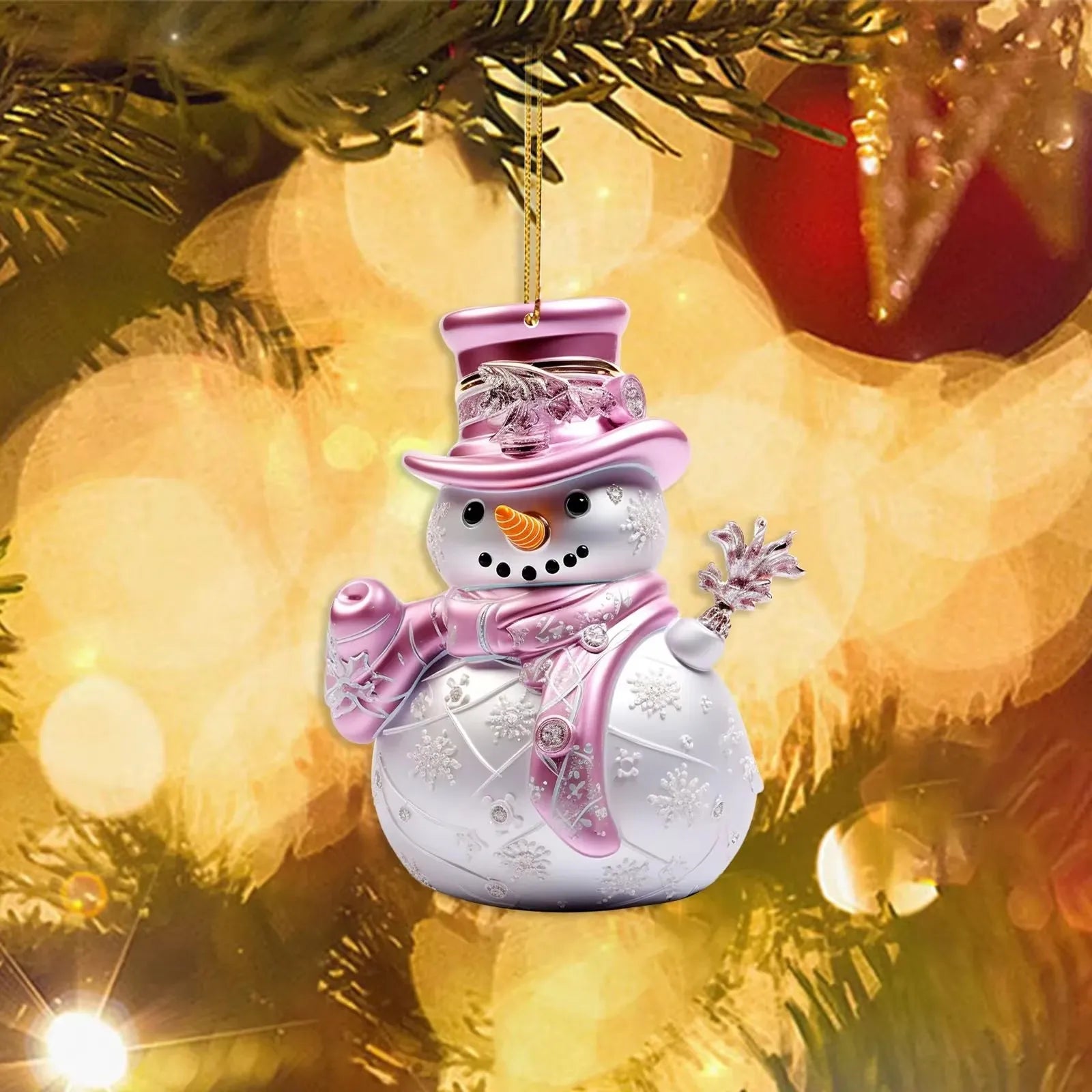 Pink Snowman Acrylic Christmas Ornament – 8cm Tree Pendant