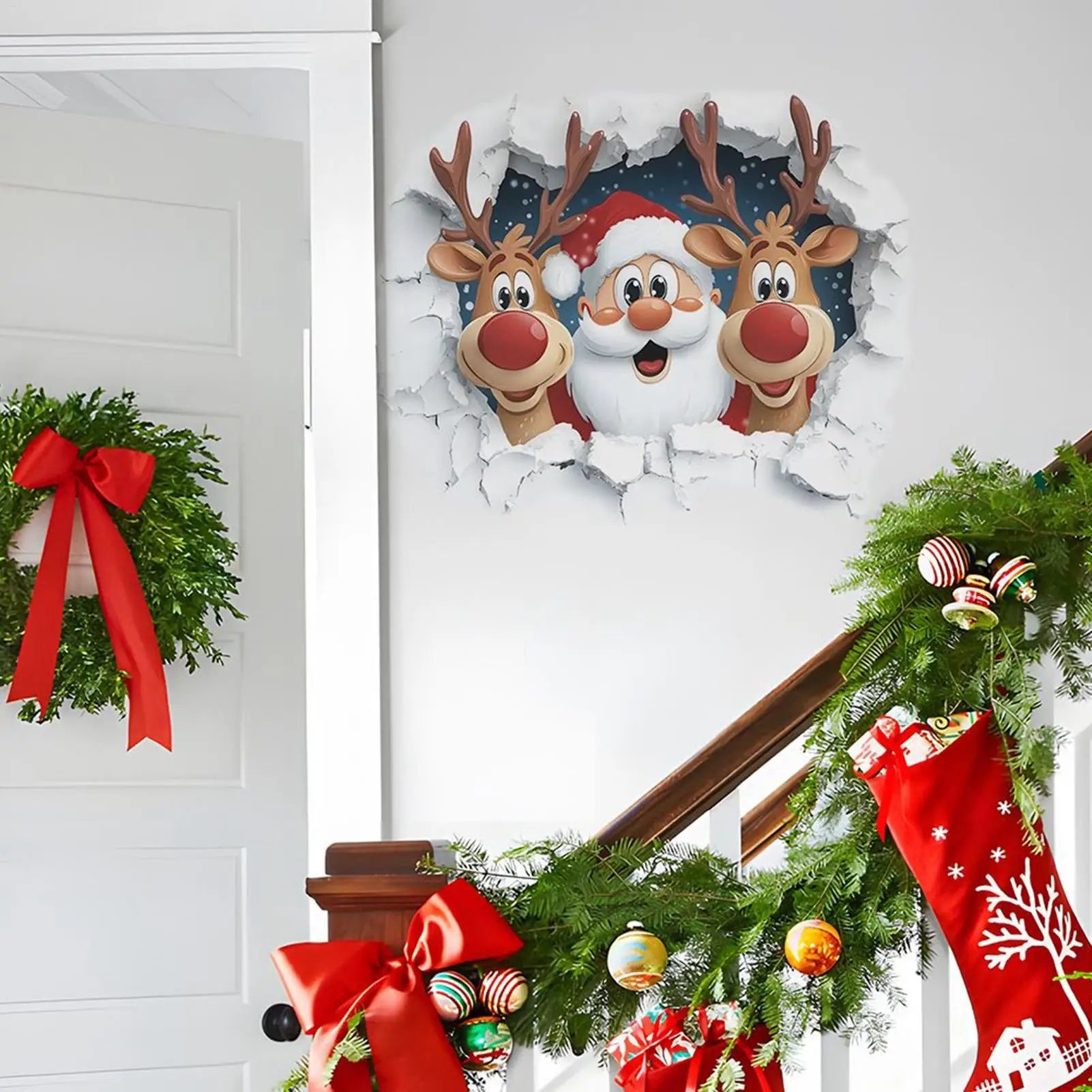 3D Effect Wall Decal Sticker Removable Breaking Santa Claus Reindeer