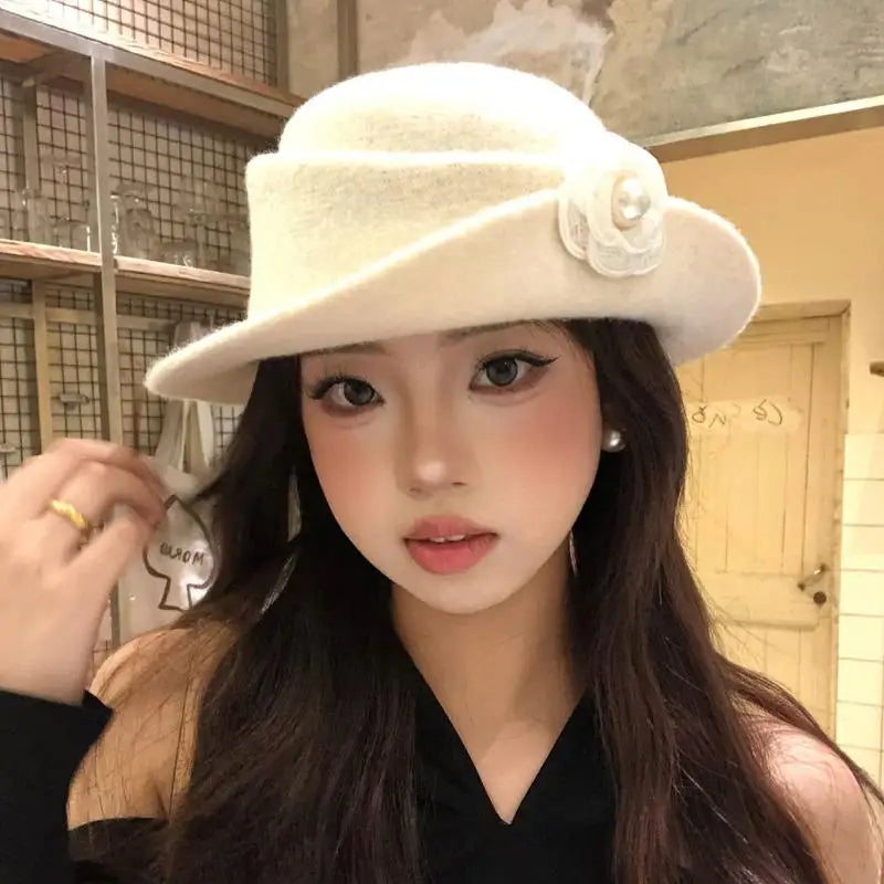 Vintage Chic Ruffled Camellia Heiress Winter Cap Women French-style Zpaxo