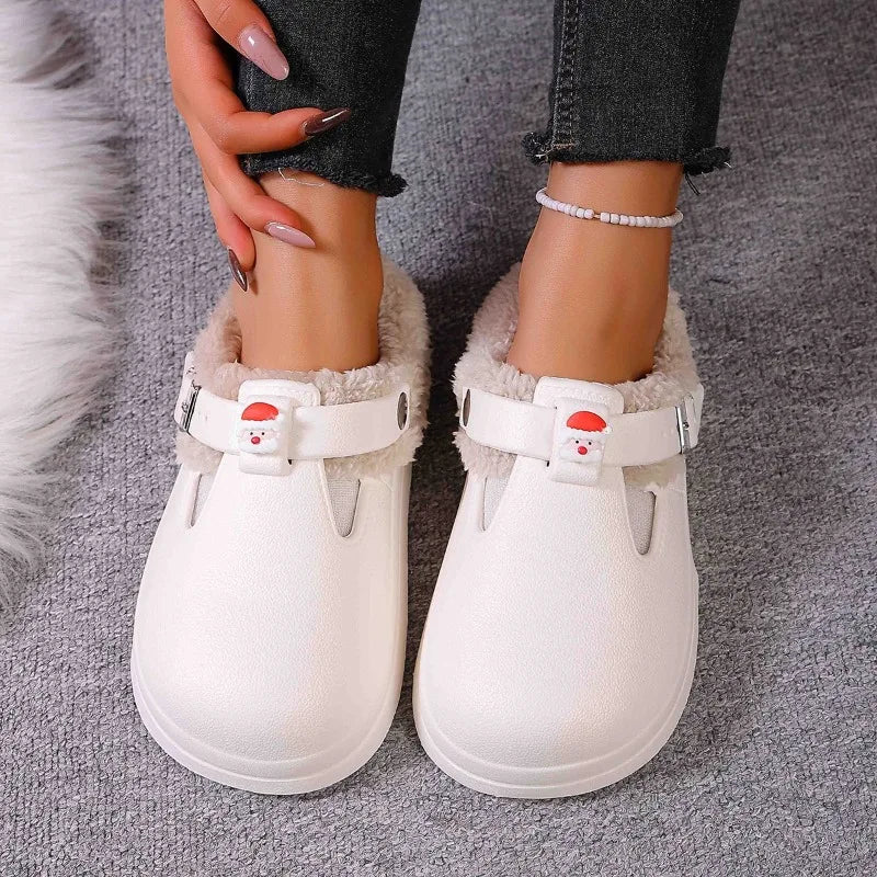 Waterproof Eva Furry Mules Slippers Women Winter Metal Buckle Warm