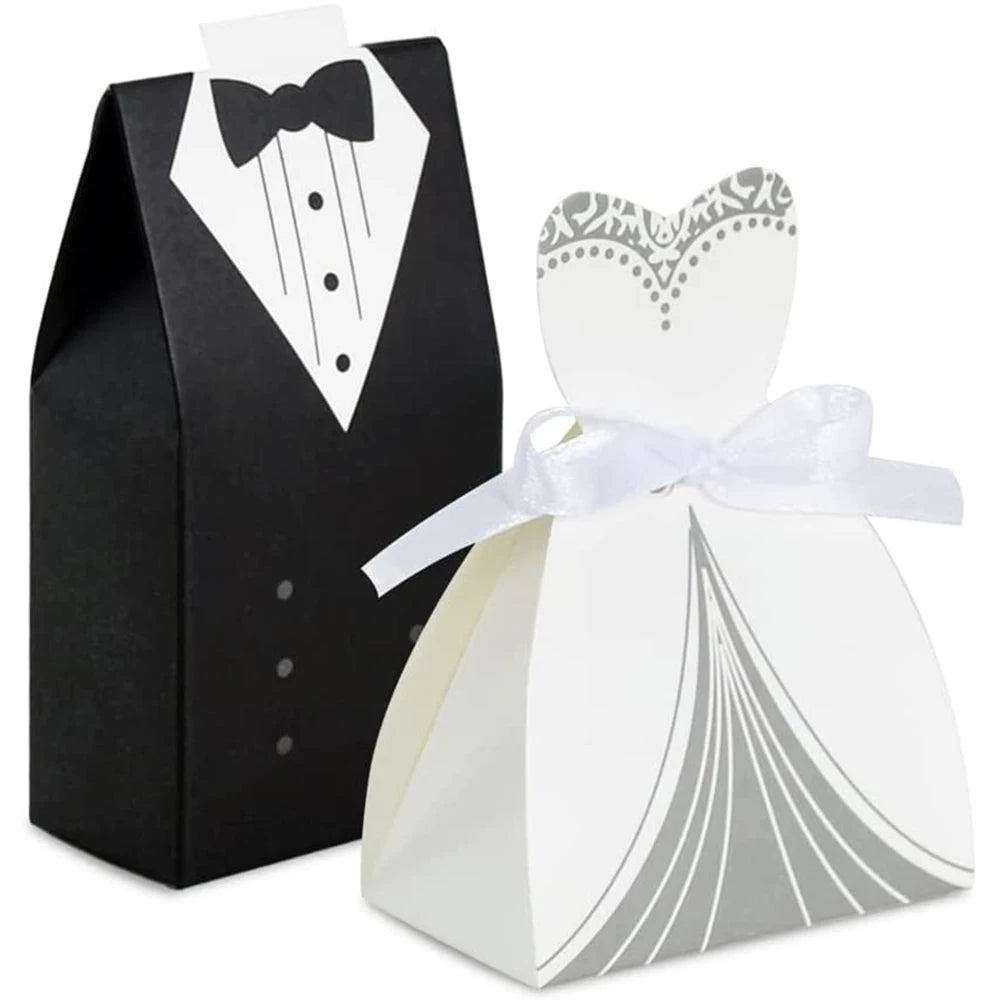 50Pcs Bride And Groom Candy Boxes Wedding Favor Tuxedo Wedding Dress for Bridal Shower Deco Gifts Packaging Boxes Party Supplies Zpaxo