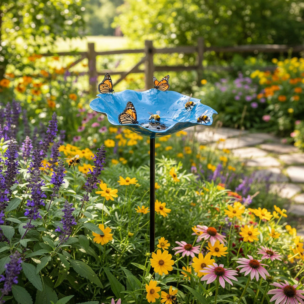 Metal Flower Garden Stake Weather Proof Butterfly Bees Bath Bowl Bird
