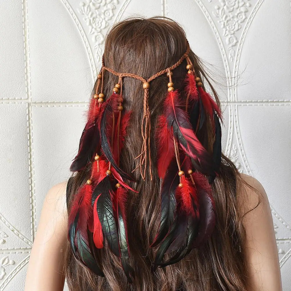 Bohemian Feather Hairband Women's Festive Masquerade Carnival Hippies Costume Indian Prom Gypsy Long Tassel Hair Accessories Zpaxo