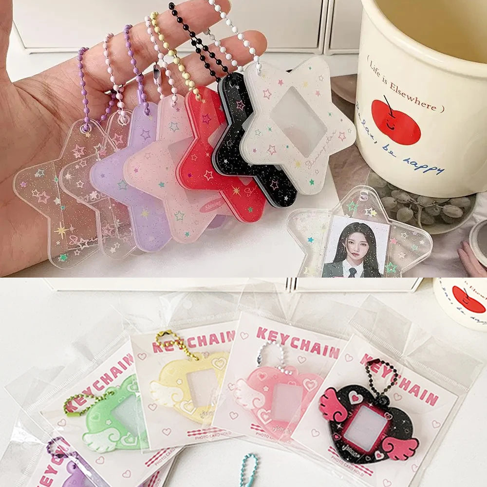 Portable Glitter Star Acrylic Photocard Holder Keychain 1-Inch ID Card Case Student Kpop Idol Photo Bag Durable Card Storage Zpaxo
