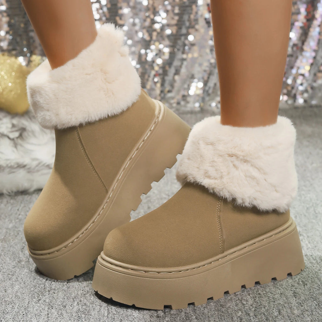 2026 New Women Faux Fur Lined Short Snow Boots Warm Large Size Rubber Uppers Boots Thick Bottom Comfortable Cotton Shoes Women Zpaxo Khaki 36
