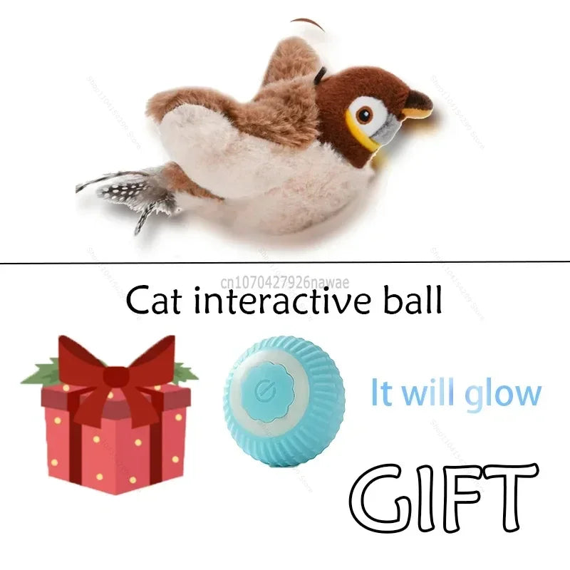 Interactive Cat Toys Rechargeable Electric Chirping Flapping Wings Bird with Catnip Cats Touch-Activated Squeaky Plush Toy Pet Zpaxo Sparrow - Small ball 1