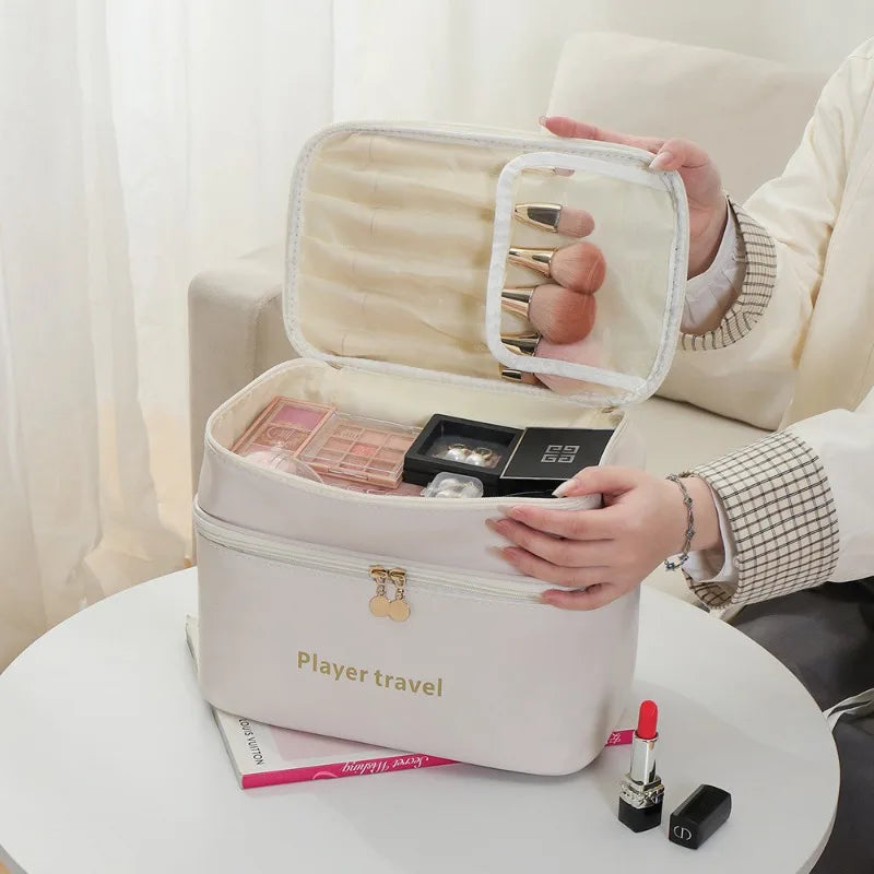 New Double Layered Portable Large Capacity Toiletry Bag Pu Waterproof Makeup Bag Travel Portable Toiletries Cosmetic Storage Bag Zpaxo