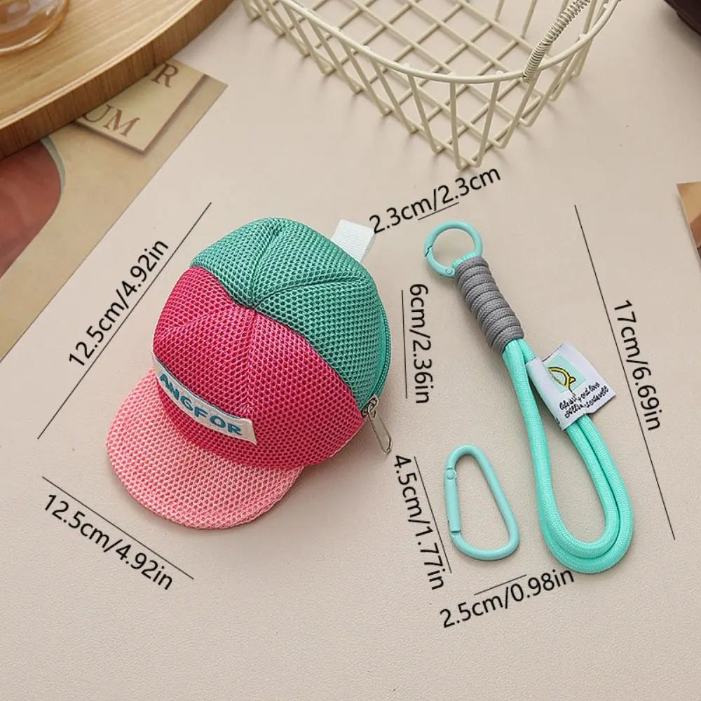Keychain Hat Shape Coin Purse with Handle Rope Decorative Portable Wallet Bag Anti Loss Zipper Closure Creative Hat Mesh Pouch Zpaxo