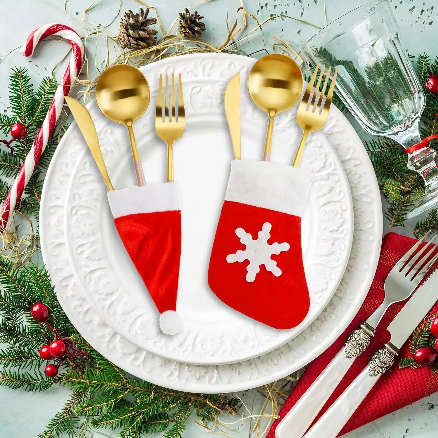 Festive Christmas Utensil Holder Knife Fork Spoon Sock Covers Xmas