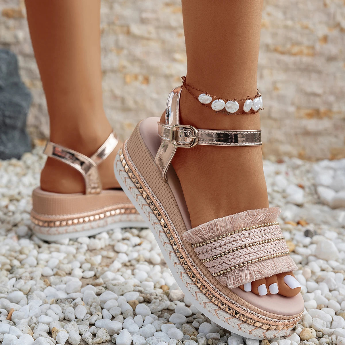 Summer Women Sandals Fashion Rivet Wedge Ankle Strap Platform Shoes Zpaxo