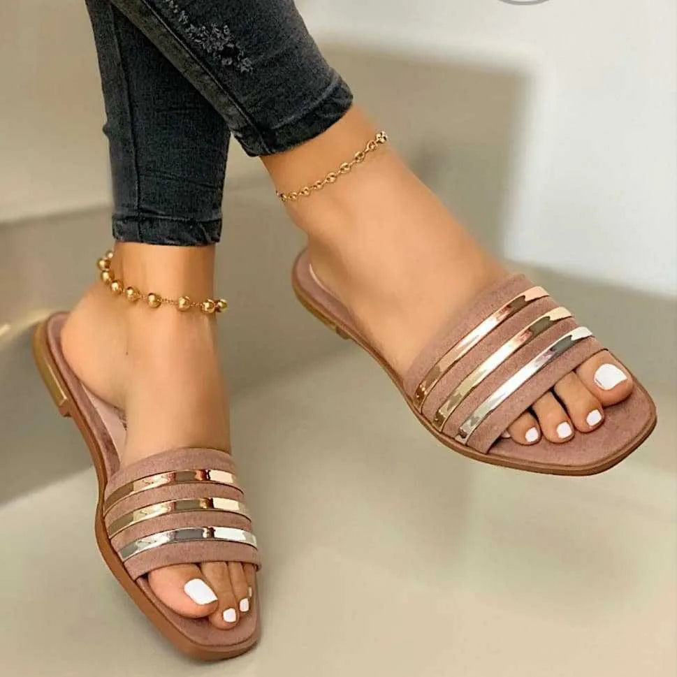 Women Slippers 2025 Metal Striped Summer Flat Shoes Fashion Slip