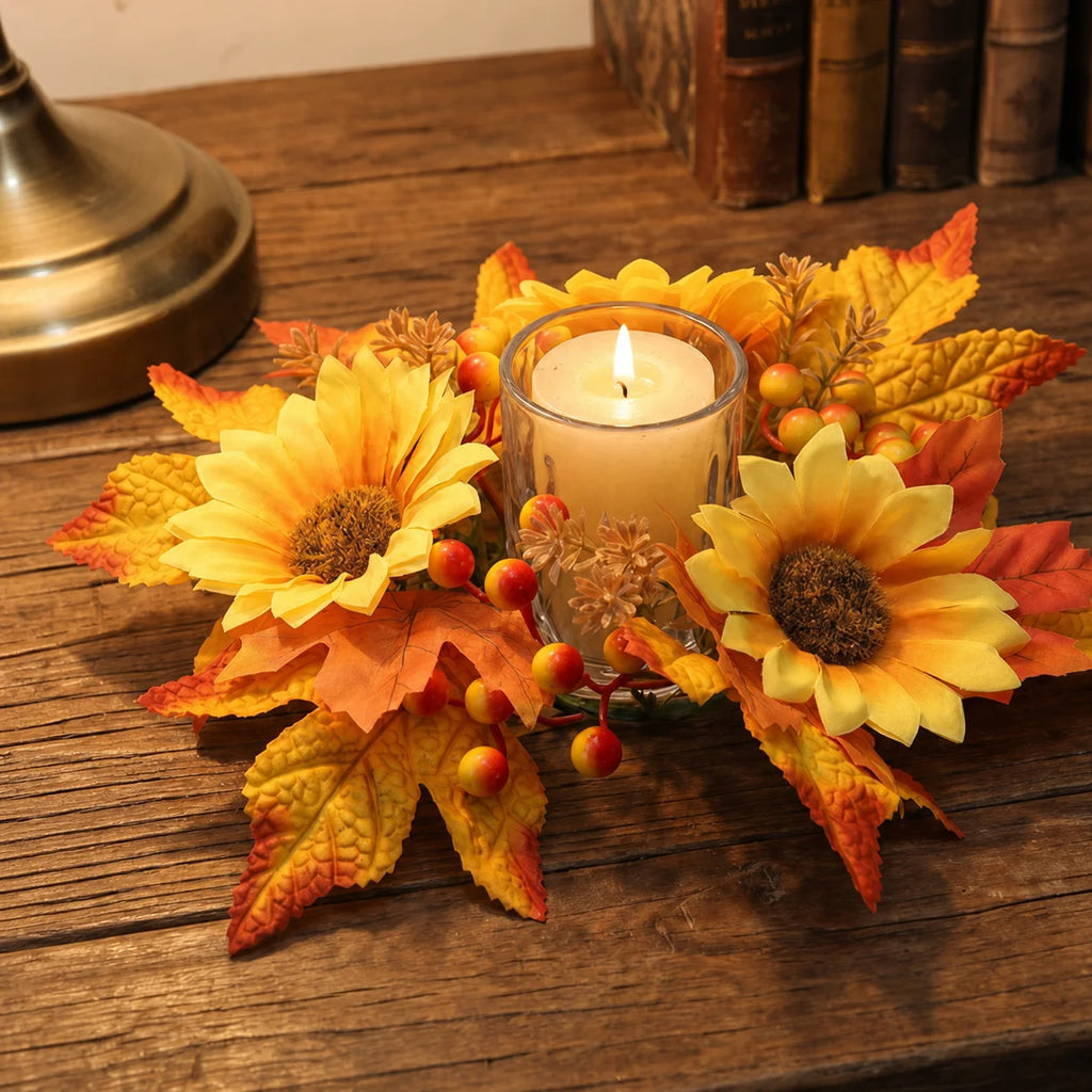 Fall Sunflower Maple Candle Ring Wreath | Artificial Autumn Decor