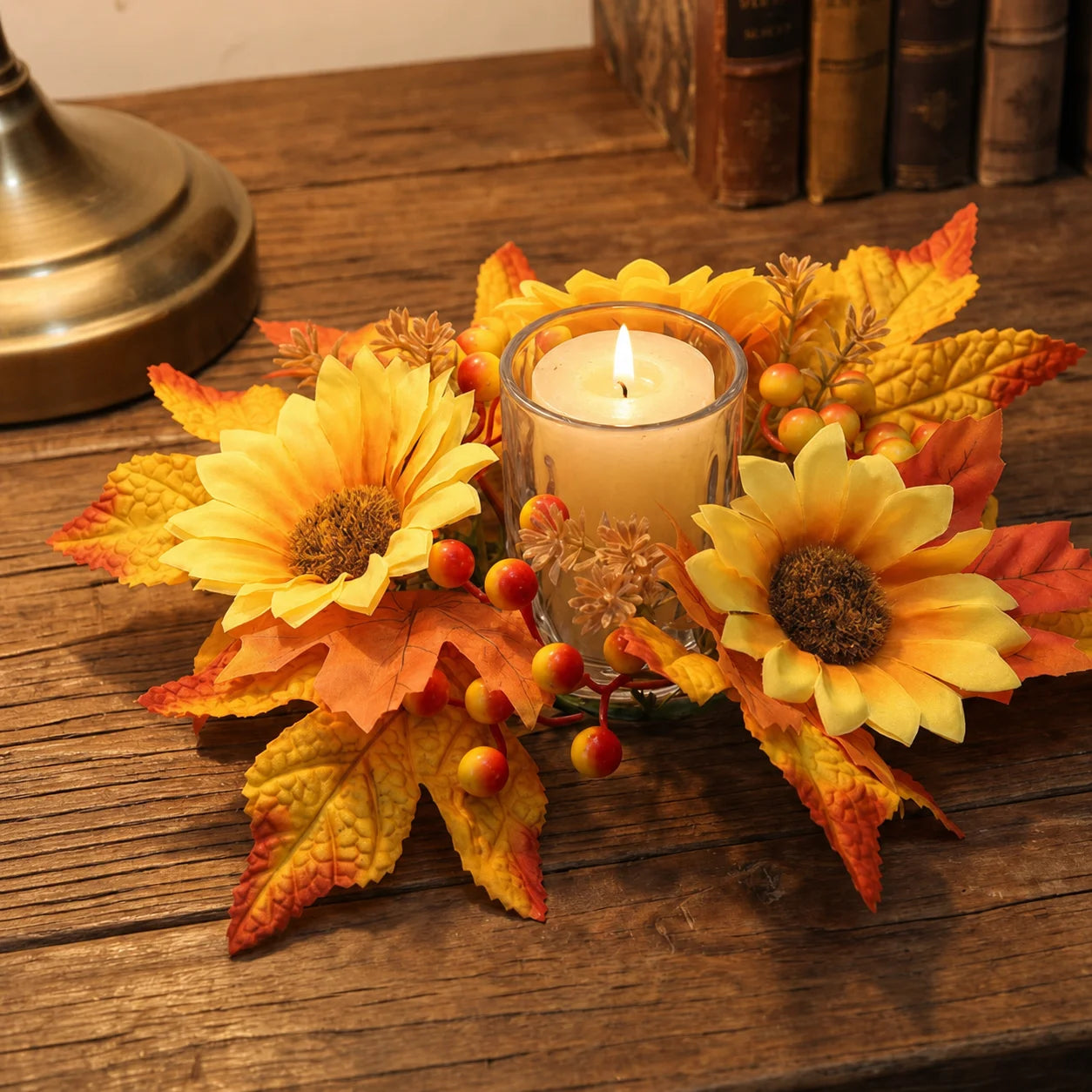 Fall Sunflower Maple Candle Ring Wreath | Artificial Autumn Decor