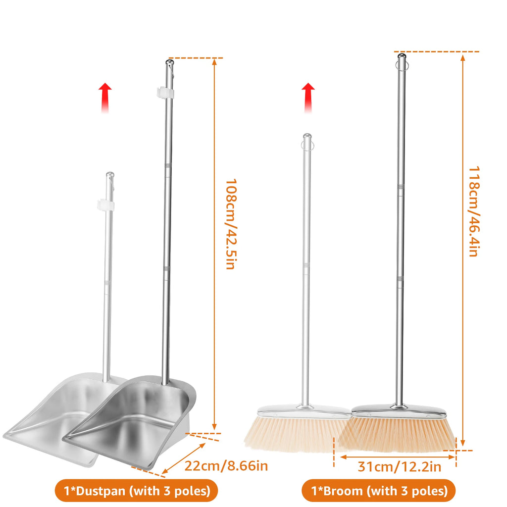 Broom and Dustpan Set Long Handle Upright Stainless Steel Dustpan Broom Set Portable Household Cleaning Tools for Home Office Zpaxo