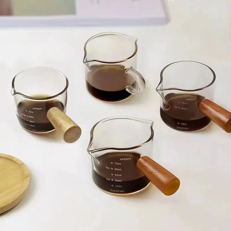 Glass Milk Pot Wooden Handle & Graduated Scale | Espresso Cup Glass Milk Pot Zpaxo
