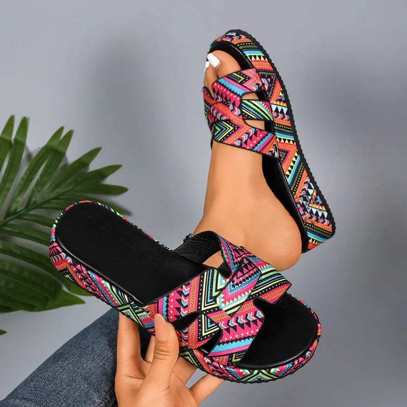 Summer Women's Open Toe Colorful Printed Platform Slippers Zpaxo