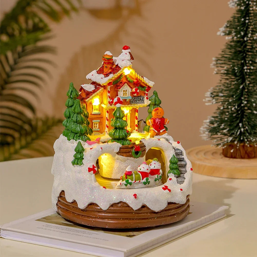 Christmas Music Box Snow House Ornaments with LED Light Resin Rotating Music Figurines Home Christmas Decorations New Year Gift Zpaxo