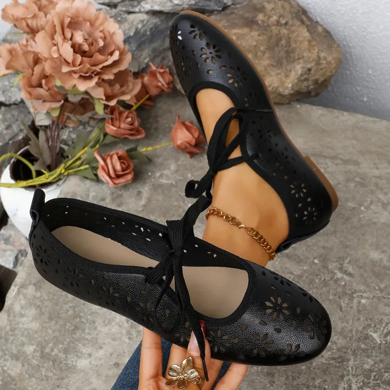 2026 Women's Flats Lace Up Single Shoes Ladies Spring Hollow Zpaxo