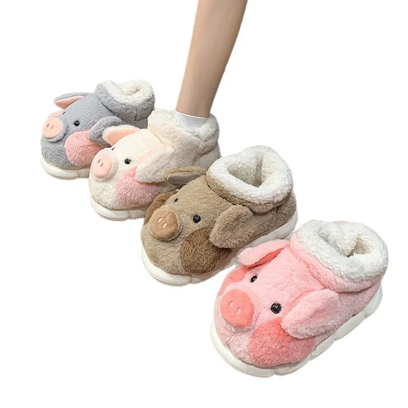 SHAJI Women Cute Cartoon Pig Plush Slippers Autumn Winter Thick Sole Zpaxo