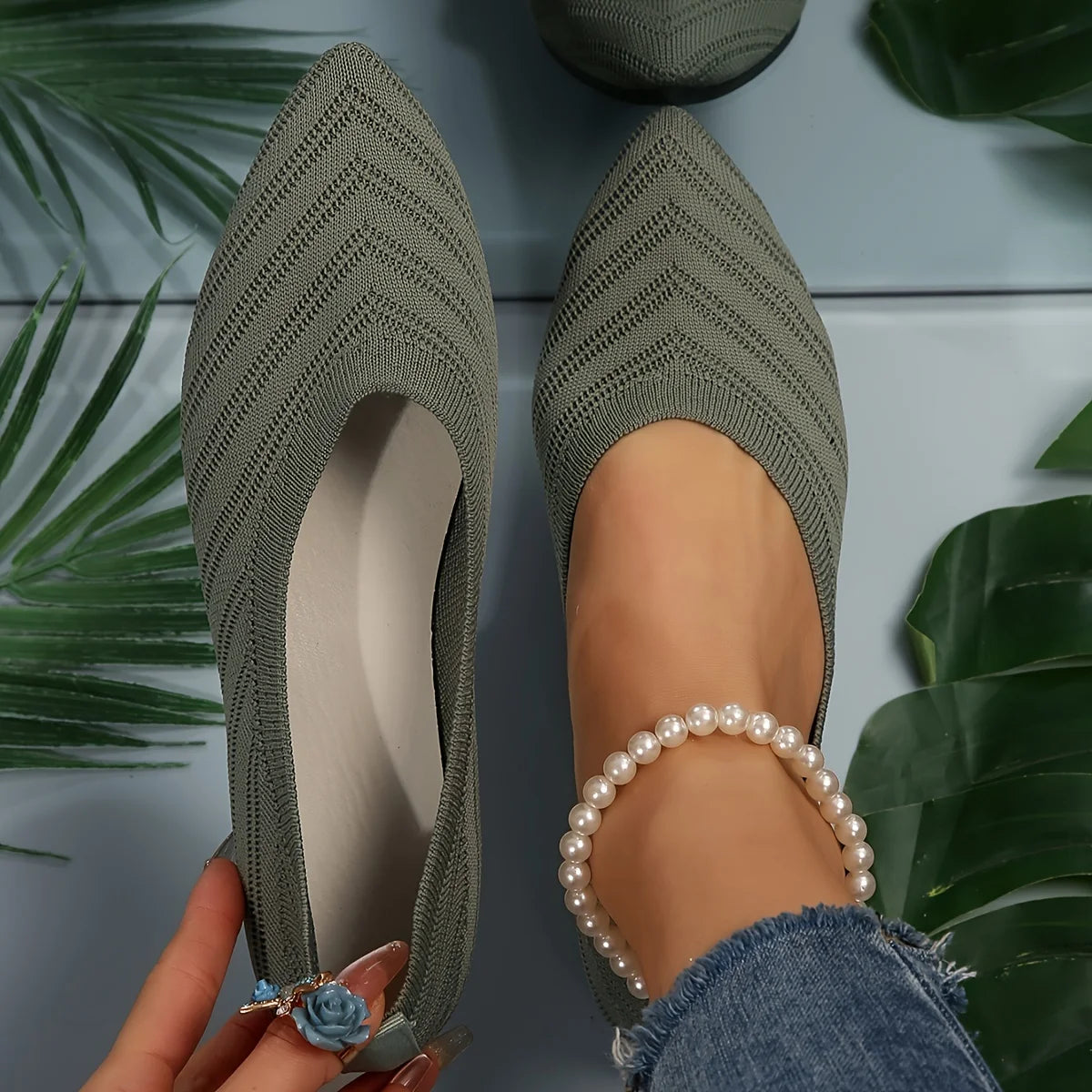 Women's Pointed Toe Flat Shoes Solid Color Knitted Slip on Shoes Casual Breathable Ballet Flats Women Flat Shoes Loafers Women Zpaxo Olive Green 43