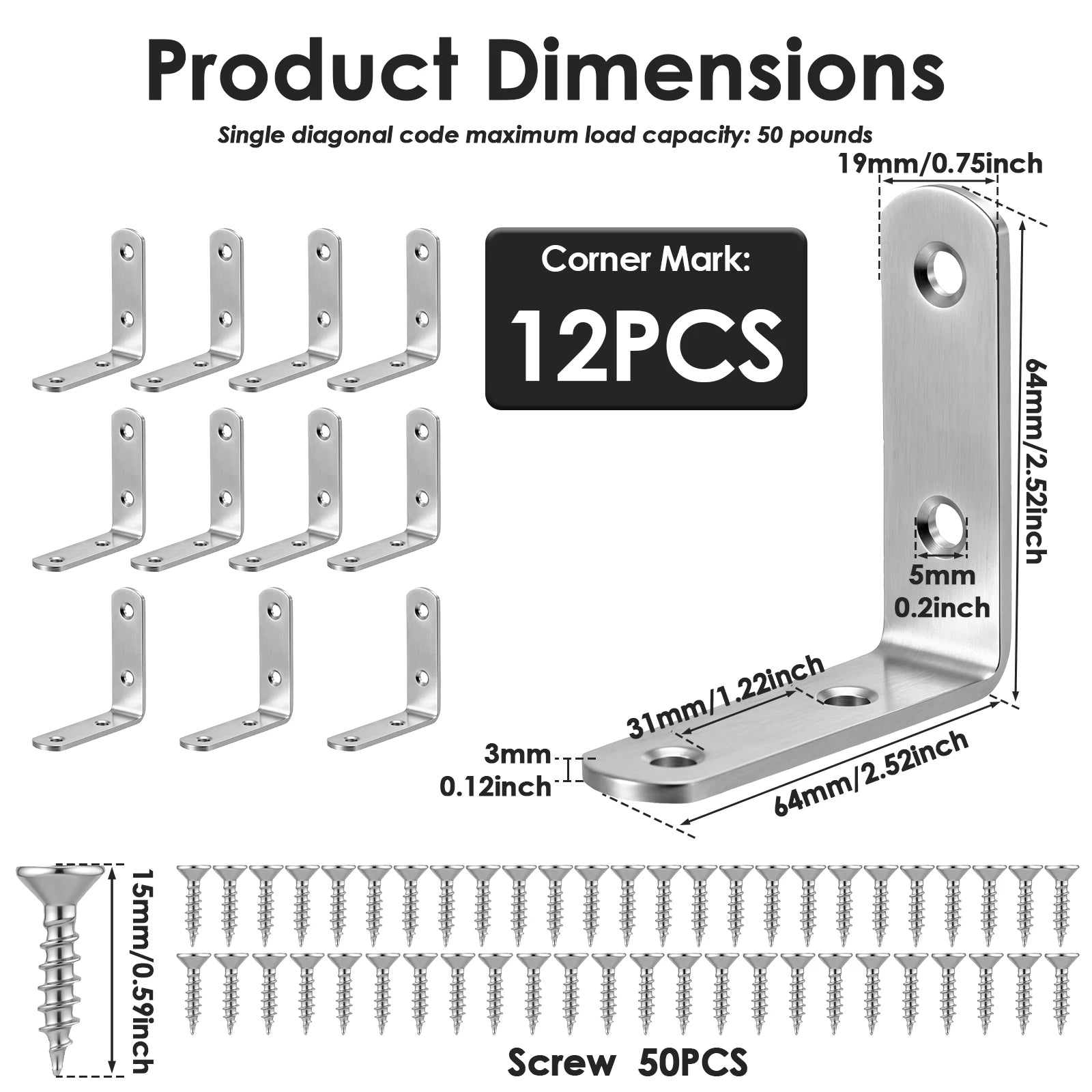 Stainless Steel L Bracket 3mm Thickness 12Pcs Corner Brace Right Angle Support Shelf Connector For Wooden Furniture Bookcase Zpaxo 12pcs