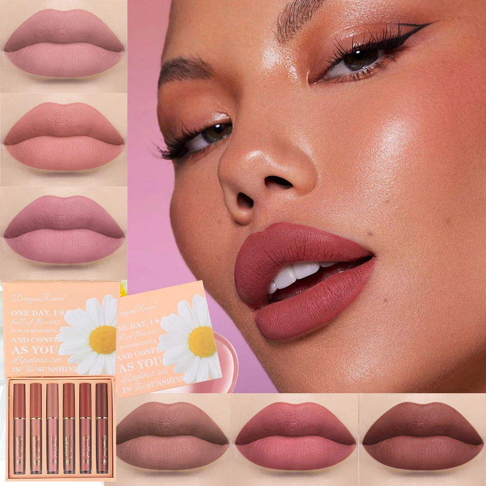 Set of Six Lip Glazes, Matte and Fine Texture, Easy to Apply, Non-Stick, Waterproof and Sweat-Proof, Versatile for Daily Use, Lip Gloss and Lipstick Set Zpaxo