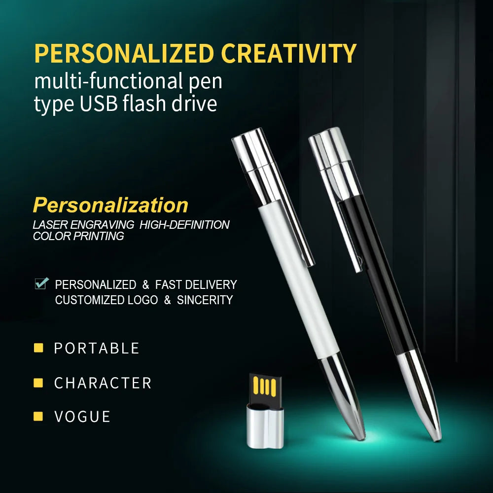 Zsuit Free Logo Metal Pen USB 32GB 64GB USB Flash Drive 2.0 Memory Stick 128G Pendrive 2in USB Storage Key USB Drive Zpaxo