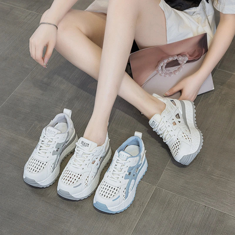 Womens Breathable Mesh Platform Sneakers Hidden Heel Lift Casual Lace Zpaxo