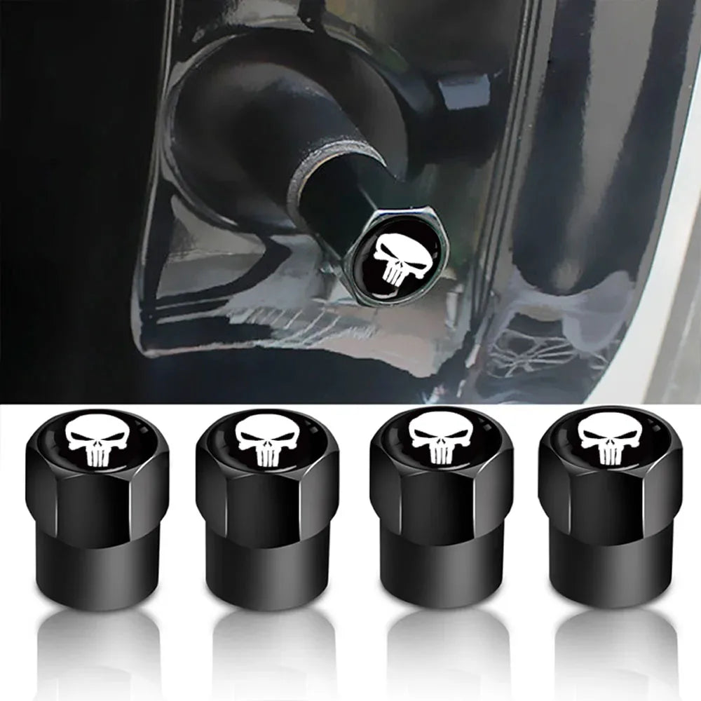 4-Pack Skull Tire Valve Stem Caps – Universal Aluminum Covers