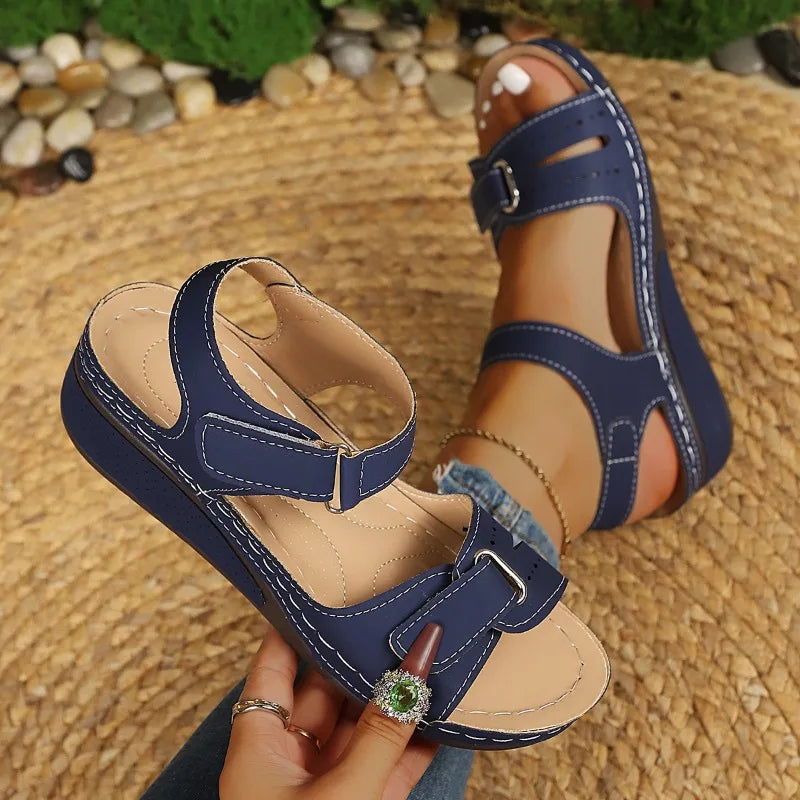 Women's Fish Mouth Open Toe Comfortable Vintage Wedge Heel Sandals Zpaxo Blue 37