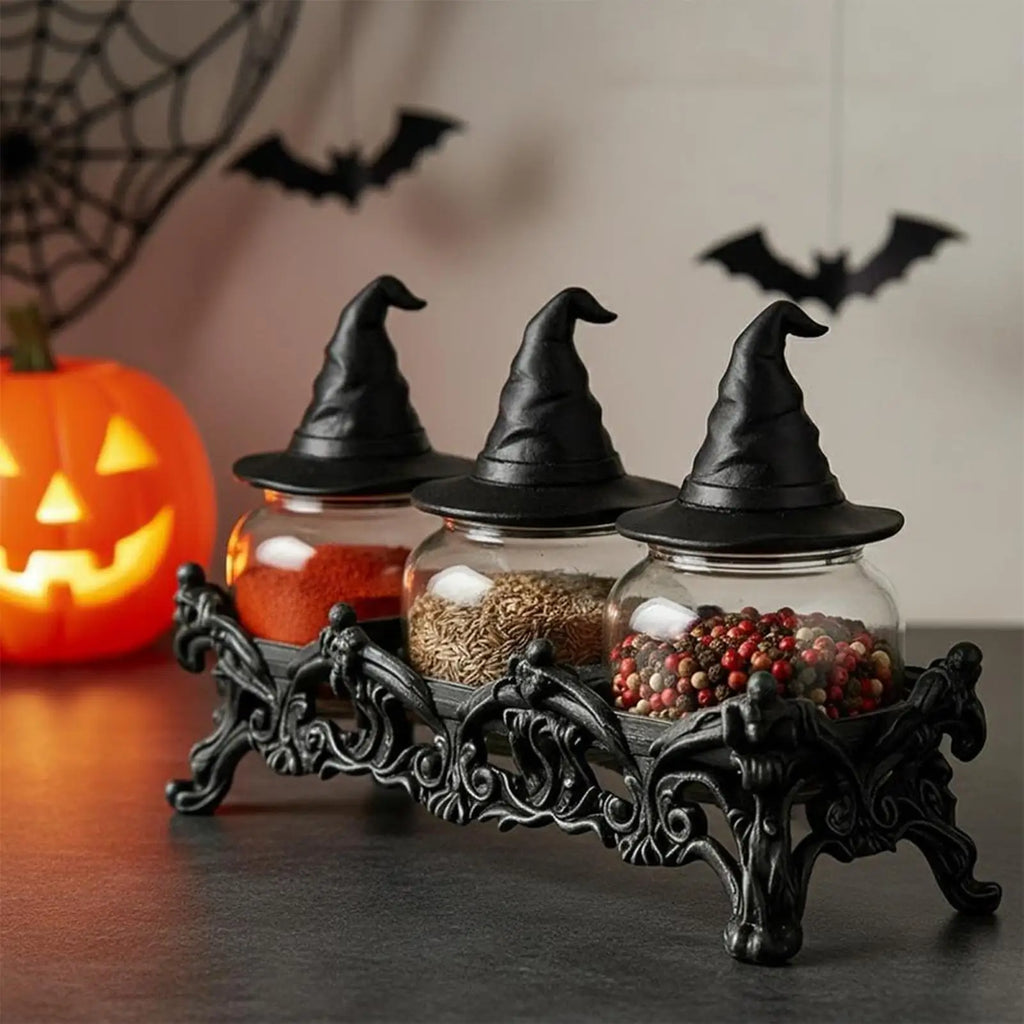 Witch Hat Jar Gothic Glass Vintage Lids Salt Pepper Seasoning