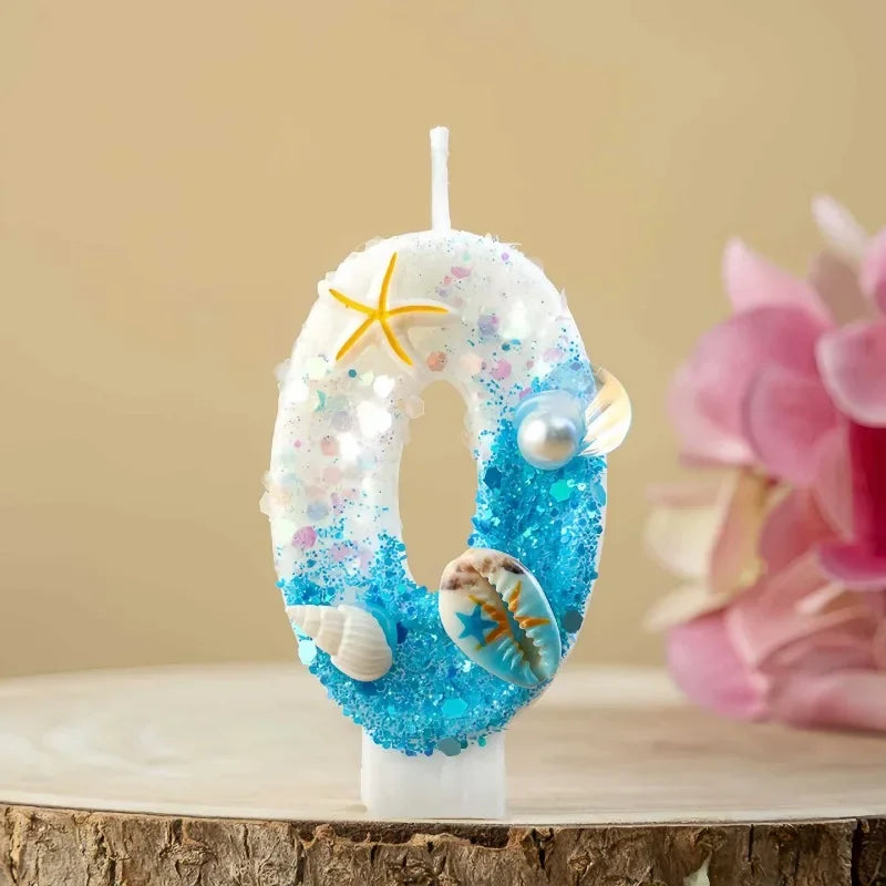 Ocean-themed Blue White Glitter Number Birthday Candles Seashell Zpaxo number 0 B15040A