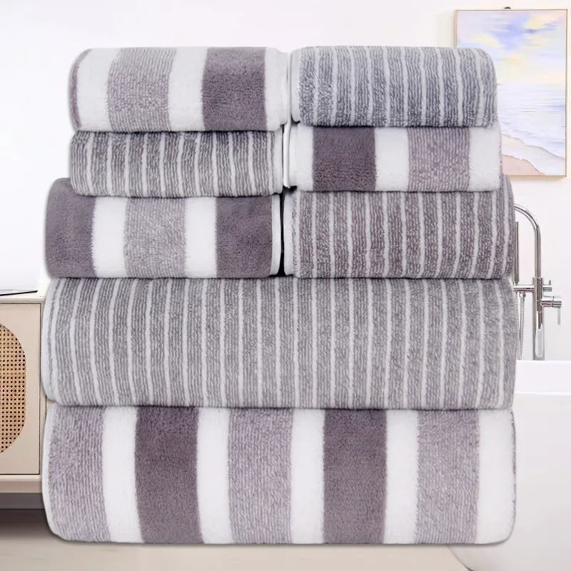 8pcs Coral Fleece Set: Towels, Washcloths, Bath Towels, Quick-Drying Striped Adult Face Towels for Bathrooms Zpaxo As shown
