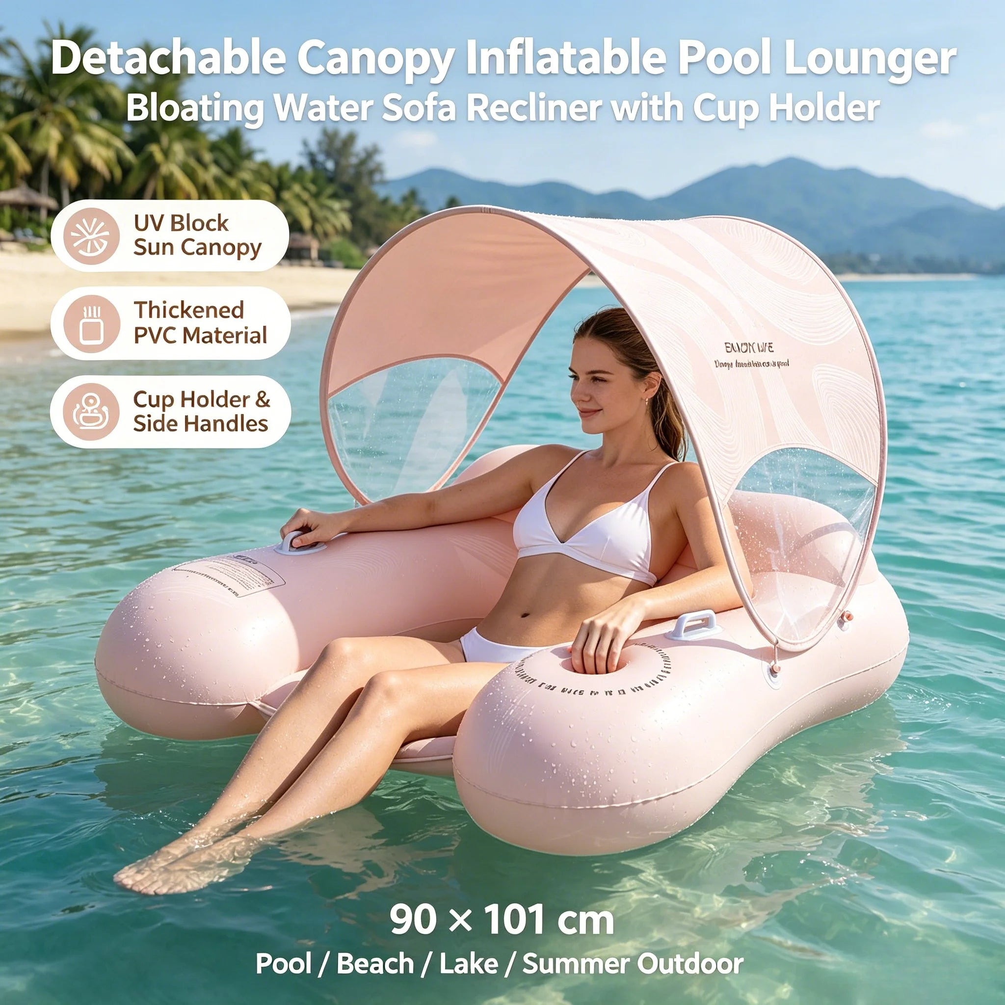 Detachable Sunshade Inflatable Pool Floating Lounger UV Protection Water Sofa Recliner with Cup Holder for Summer Beach Outdoor Zpaxo