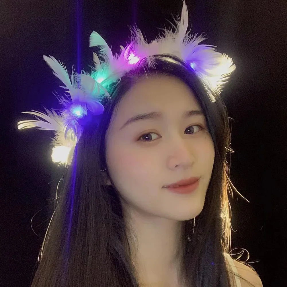 LED Feather Wreath Crown Headband Light Up Luminous Headdress Perfect